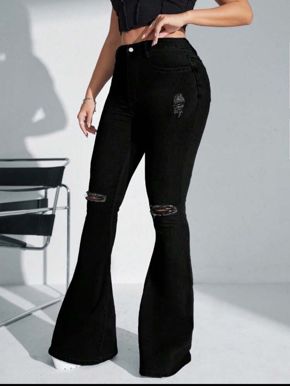 SHEIN Black High-Waist Flared Jeans with Knee Distress